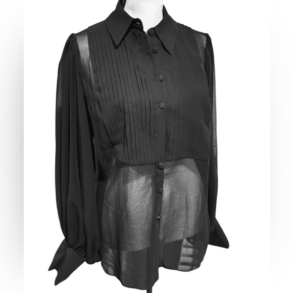 Black Sheer Pleated Button-Up‎ Blouse-XS - Picture 4 of 8